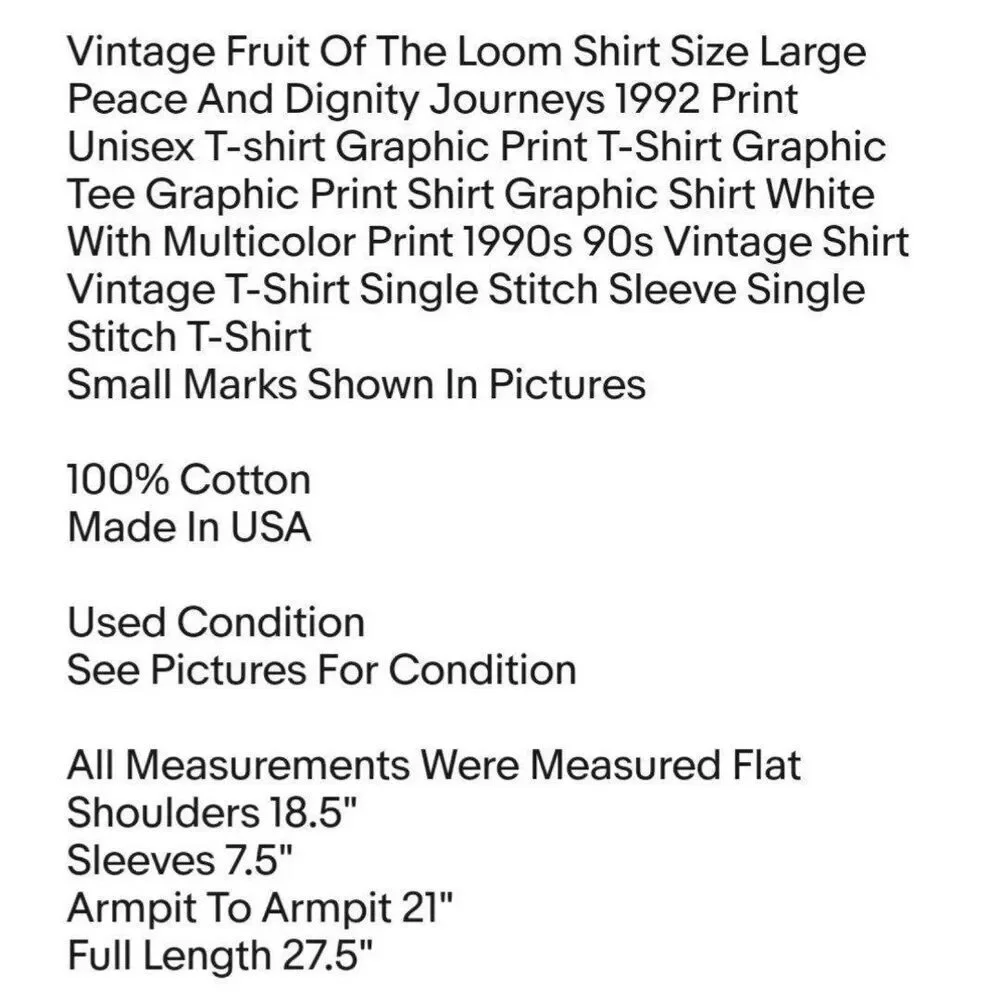 Vintage Fruit Of The Loom Shirt Size Large Peace And Dignity Journeys 1992 Print